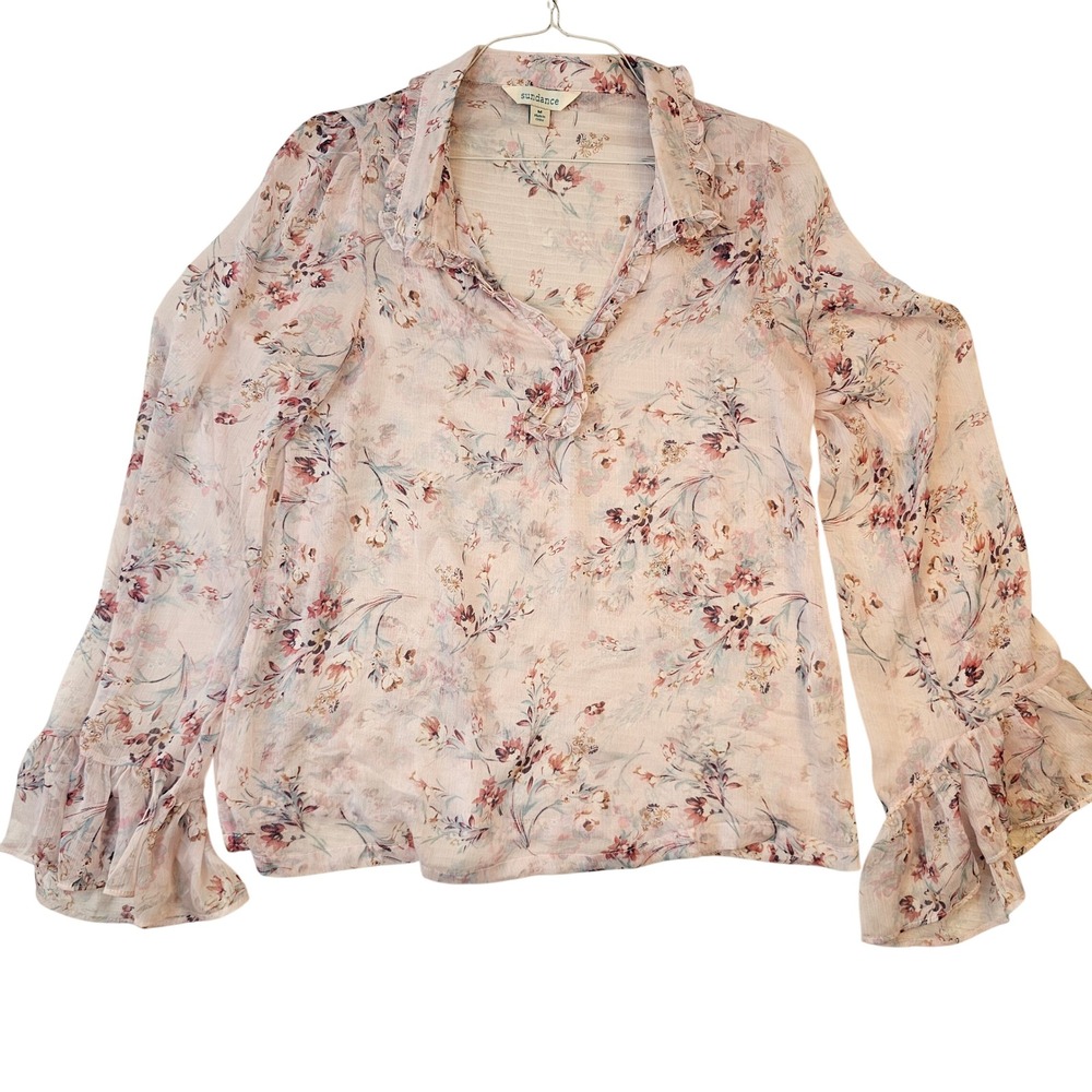 Sundance Floral Ruffle V-Neck Blouse Pink Sheer Flounce Sleeve Top Medium